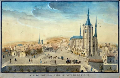 Vista della città di Dourdan da un prigioniero