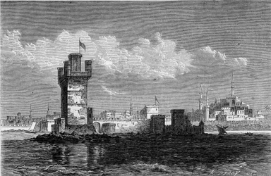 Veduta della città di Rodi (Grecia) con la torre quadrata di San Michele, distrutta durante un terremoto nel 1863. Incisione in "Le Monde Illustré" n.320 del 30 maggio 1863