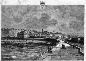 Veduta della città di Boulogne nel Pas de Calais. Incisione del 1880 in "La republique illustree" collezione privata