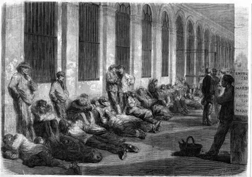 Guerra del 1870: parigini in fila davanti al Ministero delle Finanze per sottoscrivere il prestito nazionale destinato a finanziare la guerra. Scena raffigurante il giorno precedente l