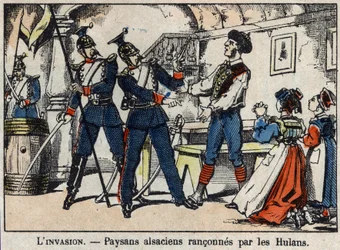 Guerra del 1870 tra Francia e Prussia: contadini alsaziani derubati dagli Uhlans (Uhlani, Houlans) immagine di Epinal.