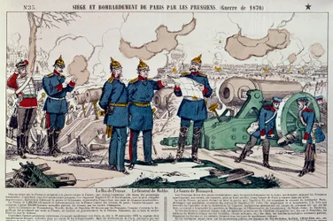 Guerra del 1870: assedio e bombardamento della città di Parigi da parte dei prussiani. Il re prussiano Guglielmo I, il generale Moltke e il cancelliere Otto von Bismarck si consultano. Incisione del 1870. Parigi, Museo Carnavalet