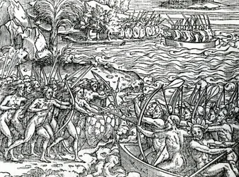Scena di guerra, Brasile, illustrazione da "Singolarità della Francia Antartica", di André de Thevet, 1558