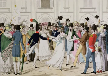 Celebrazione nel Tuileries del ritorno di Luigi XVIII nel 1815 da Gand dopo 100 giorni (incisione a colori)