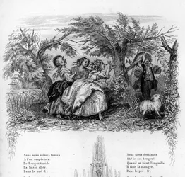 Eravamo tre ragazze. Tre ragazze giocano con un pastore mettendolo a disagio. Incisione in "Chants et chansons populaire de la France", Tome 2