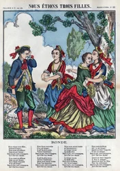 Eravamo tre ragazze. Tre ragazze giocano con un pastore mettendolo a disagio. (Chants et chansons populaire de la France) Immagine d