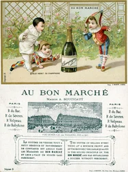 Che fortuna! Una bottiglia di champagne; fronte e retro di una carta promozionale per i grandi magazzini Bon Marché a Parigi, c.1895