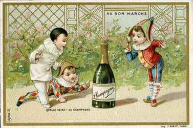 Che fortuna! Una bottiglia di champagne, carta promozionale per il grande magazzino parigino Au Bon Marché, c.1895