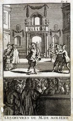 Fauna e personaggi sul palco con pubblico - in "The Works of M. de Molière"