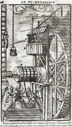 Argano per estrarre acqua da una miniera, illustrazione dal De Re Metallica di Georg Bauer, noto come Agricola, 1561