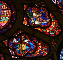 Finestra Ww raffigurante un angelo con uno Strumento della Passione - la Croce e un angelo con una tromba al Giudizio Universale