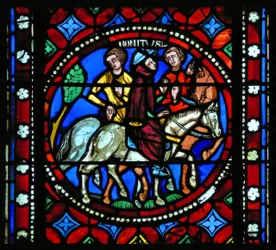 Finestra s1-R che raffigura una scena del viaggio di San Bonnet a Roma e avventure