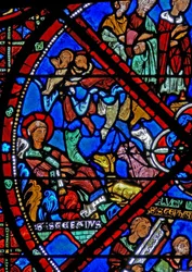 Finestra w15 raffigurante il corpo morto di San Stefano abbandonato; gli animali sono scoraggiati dagli uccelli