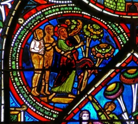 La finestra del Buon Samaritano: Dio indica il frutto proibito ad Adamo ed Eva