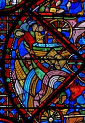Finestra w15 raffigurante la storia delle reliquie di San Stefano: nonostante gli sforzi dei demoni, la nave che trasporta le reliquie sopravvive al viaggio - altre navi affondano
