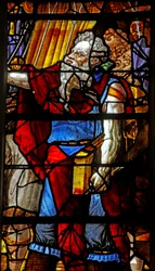 Finestra w16 raffigurante Mosè (testa moderna) che organizza la raccolta della Manna (alcune figure sono copie di figure di Michelangelo)