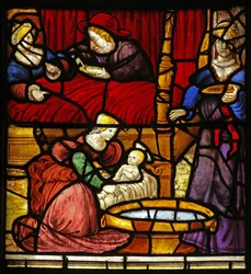 Finestra w17 raffigurante la Vita di San Remigio. la sua nascita al castello di Cerny-en-Laonnois