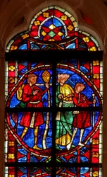 Finestra w210 raffigurante una scena della leggenda di San Giacomo e il dipendente perduto con pellegrini a Compostella: la famiglia riunita parte