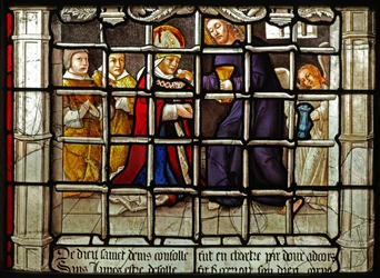 Finestra w31 raffigurante una scena della vita di San Dionigi: riceve la Comunione da Cristo in prigione