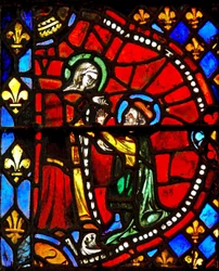Finestra w6 che raffigura una scena della Vita della Vergine Maria: Giuseppe chiede perdono alla Vergine Maria
