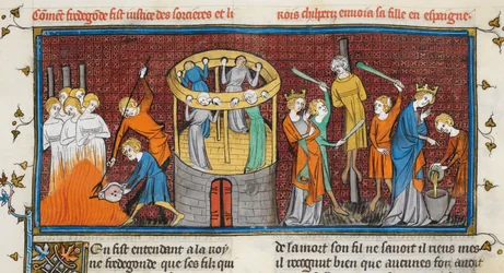 Streghe bruciate, da Les Grandes chroniques de France, MS Royal 16 G VI f. 64