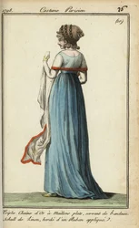 Donna con scialle trasparente alla moda del 1798 (incisione a mano su rame)