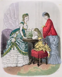Donne e un bambino che guardano un acquario, da La Mode Illustrée, c.1870