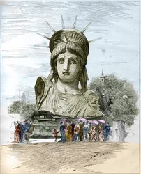 Esposizione Universale del 1878 a Parigi: la testa della Statua della Libertà di Frederic Auguste Bartholdi (1834-1904). Incisione di Edgard Morin in "The Illustrous World" n°1111 del 13 luglio 1878.