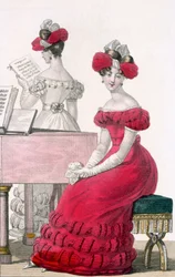 Giovane donna in abito da sera di crepe con un elaborato copricapo, pubblicità in Modes de Paris, c.1825
