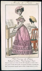 Giovane donna in abito di organdis rosa guarnito di nero e berretto di crespo con nastri di raso, pubblicità da Modes de Paris, ca. 1825