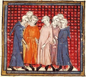 f.155r Nobili che cospirano contro il Re Ludovico il Pio, dalle Grandes Chroniques de France, 1375-79