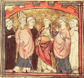 Dagoberto I (605-39), Re dei Franchi che riceve il Regno di Francia, dalle Grandes Chroniques de France, 1375-79