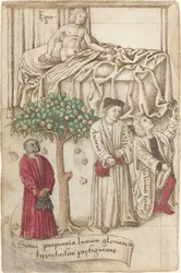 Una scimmia in viola con un uomo malato, un uomo buono e un avaro (fol. 36 verso)