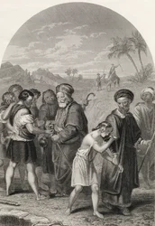 Giuseppe viene venduto dai fratelli, incisione di S. Allen, da "The National Illustrated Family Bible", pubblicato nel 1870 circa (litografia)