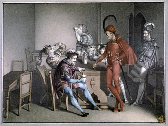 Faust, il miracolo del vino. dopo il 1816 (incisione a colori)