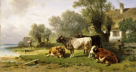Bovini in un cortile di una fattoria lungo un fiume con un pescatore oltre, 1881