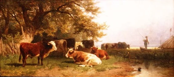 Bestiame che si abbevera in un paesaggio