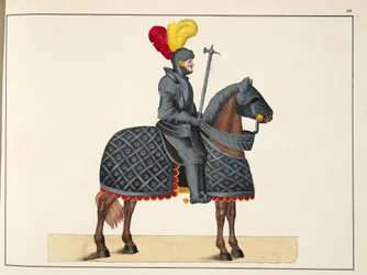 Cavaliere in armatura sul suo cavallo, tavola da 