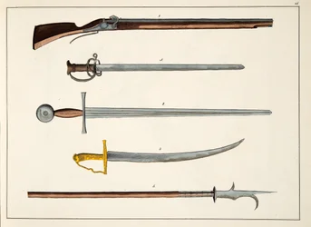 Armi tra cui spade e lance, c.1400, tavola da A History of the Development and Customs of Chivalry, di Dr. Franz Kottenkamp, pubblicato da Carl Hoffmann, 1842