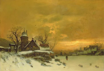 Paesaggio invernale con vista di edifici al tramonto