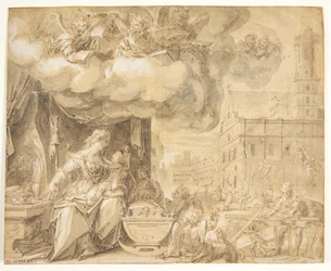 La sacra famiglia con angeli cantanti. Sullo sfondo la chiesa di San Michele a Monaco, alla cui torre gli angeli portano materiale da costruzione