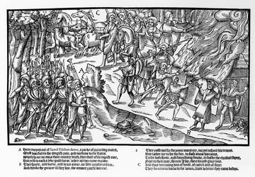 Una compagnia armata di kerne, con alabarde e picche e guidata da un pifferaio, attacca e brucia una fattoria e scaccia i cavalli e il bestiame, tavola 2 da "The Image of Ireland" di John Derricke