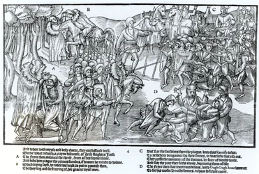 Il capo irlandese riceve la benedizione del prete prima di partire per combattere gli inglesi, che sono mostrati in armatura completa, tavola 4 da 