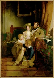 Rudolf von Arthaber e i suoi figli Rudolf Emilie e Gustav, guardando la foto della moglie e madre morta... (dipinto su tela)