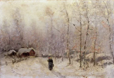 Donna con bambino in paesaggio invernale