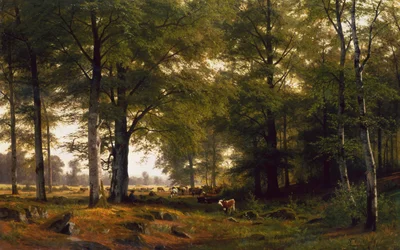 Paesaggio boscoso con un mandriano