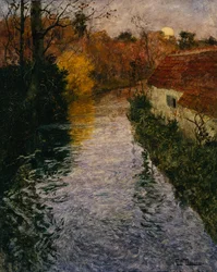 Paesaggio fluviale con cottage in autunno