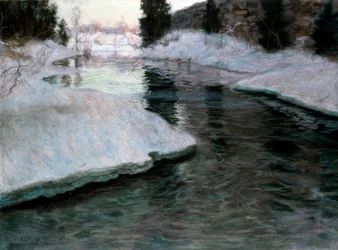 Il disgelo dei ghiacci: il fiume Lysaker. Dipinto di Fritz Thaulow (1847-1906). Pastello su tela. Collezione privata.
