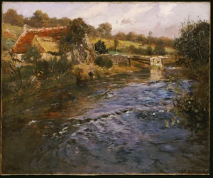 Paesaggio fluviale con lavandaia