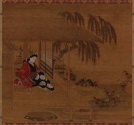 Giardino, interno e ragazza seduta, periodo Edo, 1615-1868